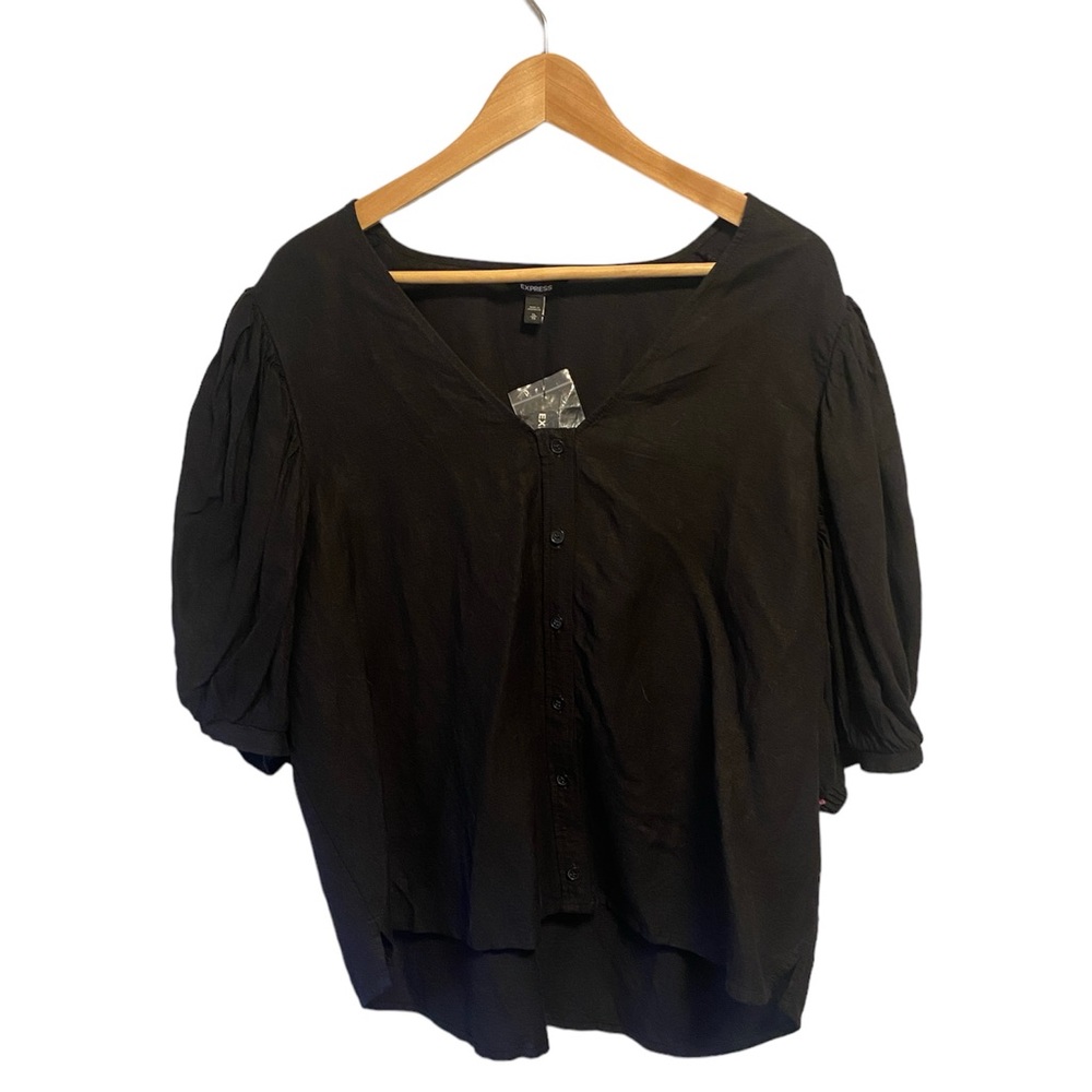 Express | Linen blend button up top with puff sleeves